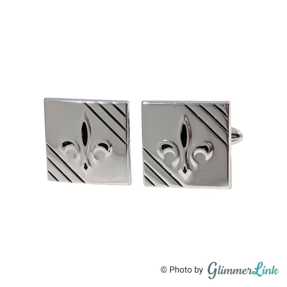 Vintage Swank Square Fleur de Lis Diagonal Stripes Silver Tone Cufflinks
